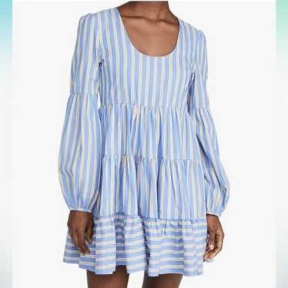 En Saison Cottage Core Preppy Blue & Yellow Striped Tiered Balloon Slv Dress - Picture 1 of 13